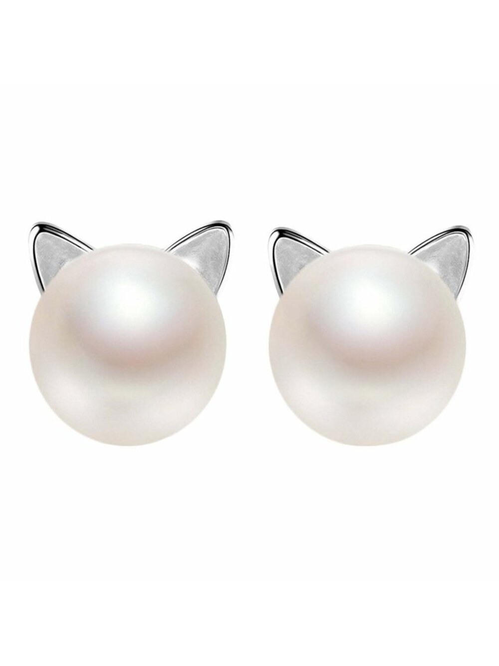 Silver Cat Shaped Pearl Round Stud Earrings
